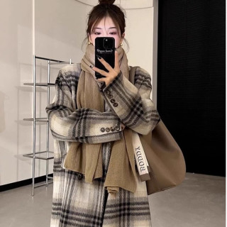秋冬新款长袖加厚呢大衣女装女款女高级感宽松格子百搭中长款外套