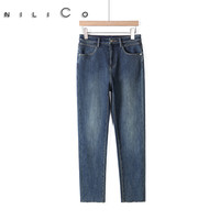 NILICO加厚加绒显瘦牛仔裤百搭直筒秋冬修身时尚长裤女