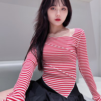 红白条纹拼接修身性感斜边T恤夏季设计感显瘦新款短袖上衣潮露肩