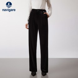 navigare 意大利小帆船黑色金丝绒休闲裤女直筒裤子