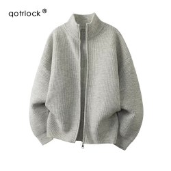 QOTRIOCK 美式双拉链毛衣开衫男女秋冬重磅宽松百搭慵懒感简约针织外套上衣