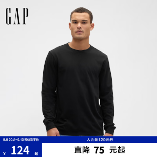 Gap 男女装秋季基础款纯棉圆领常规长袖T恤上衣美版795651 黑色 S 美码  M亚洲码175/92A