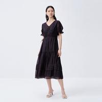 ARIOSEYEARS 夏秋薄款泡泡袖连衣裙镂空拼接设计感长裙夏女裙