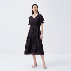 ARIOSEYEARS 夏秋薄款泡泡袖连衣裙镂空拼接设计感长裙夏女裙