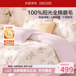 水星家纺 A类抑菌全棉磨毛四件套纯棉秋冬保暖床单枕套被罩套件 繁花·花映熙磨毛四件套1.2米床