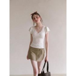 淘稚气 莱赛尔木耳边荷叶袖减龄T恤女夏季修身显瘦上衣