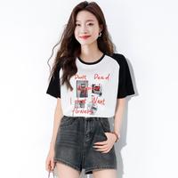 限尺码：真维斯 潮流撞色圆领短袖T恤女夏季趣味字母印花宽松休闲百搭插肩袖短袖