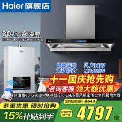 海尔 30立方变频抽油烟机大吸力欧式顶吸1300PA风压家用燃气灶套装二三件套