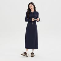 三福 气质优雅 26秋季刺绣POLO领连衣裙女褶皱收腰长袖T恤裙