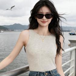 快鱼 无袖吊带T恤女针织打底背心外穿花纱感时髦打底上衣叠穿吊带小衫