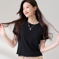 DEBRAND 款正肩木耳边圆领纯色上衣显瘦针织短袖t恤女