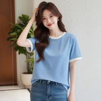 快鱼 针织短袖女夏款细条纹撞色时尚拼接上衣圆领T恤