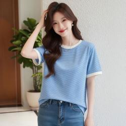快鱼 针织短袖女夏款细条纹撞色时尚拼接上衣圆领T恤
