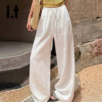 b+ab it b+ab白色亚麻阔腿裤女2026夏季新款高腰垂感宽松休闲直筒裤