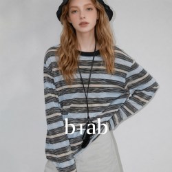 b+ab it b+ab日系复古条纹长袖T恤女2026秋季圆领撞色宽松百搭套头上衣