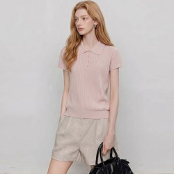 b+ab it b+ab短袖针织衫女韩系polo领竖纹绞花2026夏季新款温柔风T恤