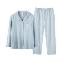 芬腾 女士春秋翻领长袖纯色家居服套装 浅兰 XL