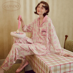 果壳 睡衣女春秋款mikko联名甜美卡通豹纹翻领开衫宽松女士家居服套装A 香草粉套装 M