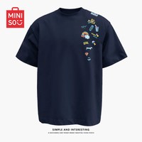 名创优品 纯棉短袖t恤男夏季涂鸦风情侣百搭蓝色正肩半袖Y