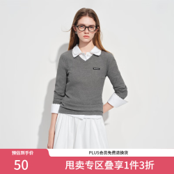 范思蓝恩 V领套头针织长袖T恤女2026春新款简约正肩绣标上衣1292 中花灰 S