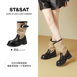 星期六 ST&SAT 复古短靴女款秋2026新英伦风马丁靴褶皱堆堆靴拼色骑士靴子