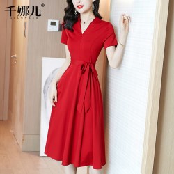 红色长裙连衣裙女夏天2022新款短袖高端修身显瘦气质a字大摆裙子