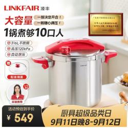 凌丰 经典高压锅316L不锈钢家用防爆大容量一键开合压力锅燃气电磁炉用 10L/配玻璃汤盖/5-10人用24cm