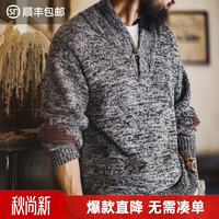 马登 工装美式复古青果领毛衫男冬老钱风套头毛衣灰色高级感针织衫外套 石墨灰  XL