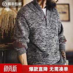 马登 工装美式复古青果领毛衫男冬老钱风套头毛衣灰色高级感针织衫外套 石墨灰  XL