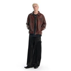 IMXS 珍珠刺绣红棕色美式水性pu皮衣秋季外套男女同款2026年新款