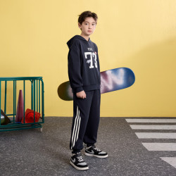 马骑顿 男童春季新品学院风中大童连帽卫衣条杠卫裤跑步套装 藏青 130