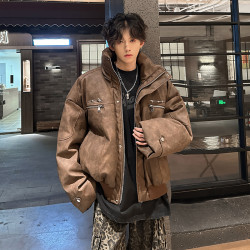 V37 男生冬季外套加厚美式复古立领皮衣夹克棉服短款痞帅咖色工装棉袄