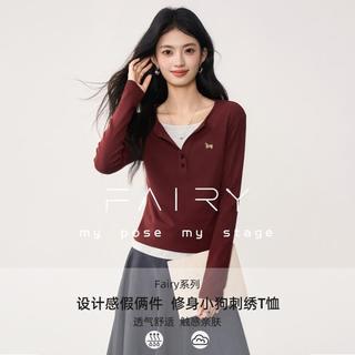 秋水伊人 【Fairy系列】圆领正肩小狗刺绣设计感心型纽扣修身T恤秋季