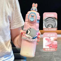 迪士尼 新款儿童保温杯316不锈钢学生上学防摔水壶双饮便携吸管杯