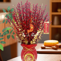 （不带花瓶）高亮度红色米珠银柳手工制作DIY居家摆件节庆