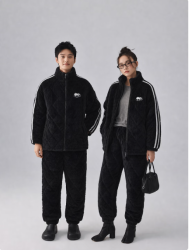 雪中飞 珊瑚绒睡衣 男女同款三层夹棉 黑色