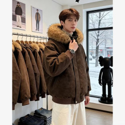 棕咖色毛领可拆卸连帽pu皮棉衣男冬季加厚防寒派克服飞行夹克棉衣