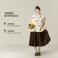 妮茨维 100%棉圆领立体刺绣长袖T恤微胖穿搭宽松落肩休闲百搭上衣