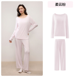 YOUKESHU 情侣款森睡衣女士莫代尔秋季长袖凉感带胸垫家居服套装男