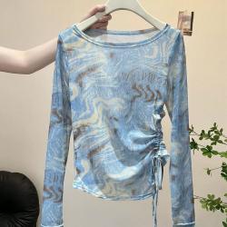 帕兰朵 千禧风复古扎染网纱打底衫度假不规则抽绳长袖上衣设计感T恤