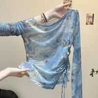 帕兰朵 千禧风复古扎染网纱打底衫度假不规则抽绳长袖上衣设计感T恤