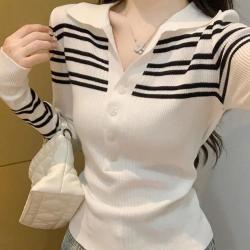 莫代尔 Polo领撞色条纹针织秋季打底衫长袖女士打底衫秋高级感可外穿