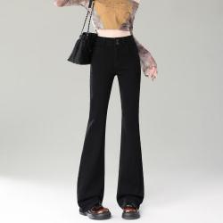 美丽衣橱 黑色高腰双扣牛仔裤女春秋高腰修身显瘦喇叭裤微喇拖地休闲长裤子
