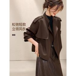 沫晗依美 早秋季款高级质感松弛老钱短款廓形翻领风衣夹克外套