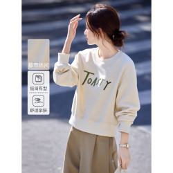尚静 字母刺绣圆领卫衣女2026秋季新款女装宽松百搭气质长袖上衣女