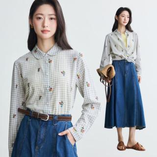 茵曼 纯棉文艺绣花格子衬衫女2026秋季田园通勤舒适休闲长袖衬衣