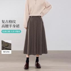 茵曼 简约复古百搭高腰A字半身裙女2026年秋季宽松遮胯显瘦格纹裙