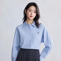 茵曼 纯棉法式通勤小马刺绣蓝衬衫女2026春秋款气质宽松长袖衬衣