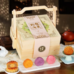 华美 月饼礼盒装高档双层木盒蛋黄莲蓉月饼中秋节送礼品团购福利1010g