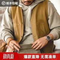 马登 中秋好礼！工装美式复古叠穿猎装马甲内搭无袖背心阿美咔叽薄款夹克外套男 卡其色 L